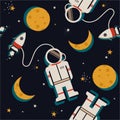 Space rockets, astronauts, moon and stars, colorful seamless pattern