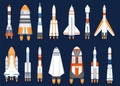 Space rockets. Flat spaceship shuttles launched for cosmic explore mission. Futuristic galaxy travel technology, spacecraft ship