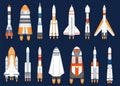 Space rockets. Flat spaceship shuttles launched for cosmic explore mission. Futuristic galaxy travel technology