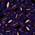 Space rockets, flying sauscrs, planets. Seamless pattern on dark blue background. Royalty Free Stock Photo