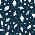 Space rockets seamless vector pattern background. White cosmic elements, rocket ships, planets, stars on blue background. Great