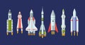 Space rockets and spaceships set. Futuristic technology flying aerospace cosmic shuttle for interstellar travel exploring universe