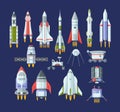 Space rockets and spaceships set. Futuristic technology flying aerospace cosmic shuttle for interstellar travel exploring universe Royalty Free Stock Photo