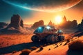 Space rover on alien planet surface, futuristic vehicle at sunset, generative AI