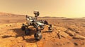 Space rover on planet like Mars, futuristic vehicle on deserted red sandy surface. Alien landscape with working wheeled robot.