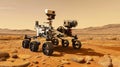 Space rover in red desert, futuristic wheel robot explores surface of planet, unmanned vehicle with photo and video cameras.