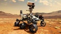 Space rover on red planet like Mars, futuristic vehicle on deserted sandy surface. Alien landscape with working wheeled robot.