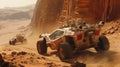 Space rovers drive on desert near rocks, vintage futuristic vehicles race on planet like Mars, fantastic movie scene with sports