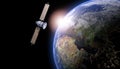 Space satellite communication in orbit around Earth globe. 3d render orbital sputnik illustration. Elements of this image are