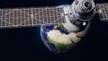 Space satellite communication orbiting Earth globe. Slowly moving. Full hd resolution 3d animation. Elements of this video are
