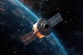 Space satellite moving outer the space with Earth plant background, satellite orbit for sending signals to ground, spaceship sci