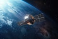 Space satellite moving outer the space with Earth plant background, satellite orbit for sending signals to ground, spaceship sci