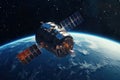 Space satellite moving outer the space with Earth plant background, satellite orbit for sending signals to ground, spaceship sci
