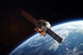 Space satellite moving outer the space with Earth plant background, satellite orbit for sending signals to ground, spaceship sci