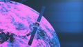 Space satellite Rosetta with solar panels over purple and pink colors Earth planet. Spacecraft orbit Royalty Free Stock Photo