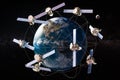 Space satellites in orbits around the Earth Globe, 3D rendering