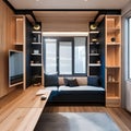 Space-Saving Marvels: A compact apartment showcasing innovative furniture solutions like a murphy bed, hidden storage, and multi