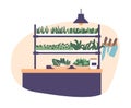 Space-saving And Sustainable Kitchen Setup Where Fresh Microgreens Are Grown On A Dedicated Shelf, Vector Illustration