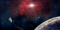 Space scene. Astronaut fly in red nebula with planet. Elements furnished by NASA. 3D rendering Royalty Free Stock Photo