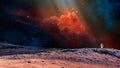 Space scene. Astronaut on planet with colorful nebula. Elements furnished by NASA. 3D rendering Royalty Free Stock Photo