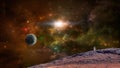 Space scene. Astronaut on walk on planet with colorful nebula. Elements furnished by NASA. 3D rendering Royalty Free Stock Photo