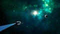 Space scene. Blue and green nebula with planet and spaceship. Elements furnished by NASA. 3D rendering Royalty Free Stock Photo