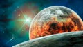 Space scene. Blue nebula with planet in fire and two spaceships. Royalty Free Stock Photo