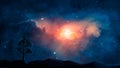 Space scene. Blue and orange nebula with planet land silhouette. Royalty Free Stock Photo