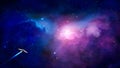 Space scene. Blue and violet nebula with spaceship. Elements fur