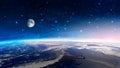 Space scene. Colorful nebula with earth planet and moon with stars. Elements furnished by NASA. 3D rendering Royalty Free Stock Photo