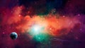 Space scene. Colorful nebula with Earth planet and spaceships. E