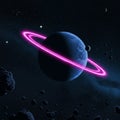 A space scene featuring a dark blue planet with a glowing pink ring encircling it,