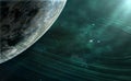 Space scene. Green nebula with planet and planetary ring. Elements furnished by NASA. 3D rendering