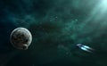 Space scene. Green nebula with planet and space ship. Elements f