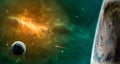 Space scene. Green and orange nebula with planets. Elements furn