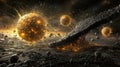 A space scene with a large rock and three small planets Royalty Free Stock Photo