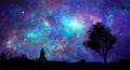 Space scene. Magician standing on landscape silhouette with tree and fractal colorful nebula. Digital painting. Elements furnished Royalty Free Stock Photo