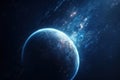 a space scene with a planet in the foreground and a star in the background, with a bright blue light shining on the planet Royalty Free Stock Photo