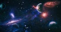 Space scene with planets, stars and galaxies. Spiral galaxy in deep space. Stars of a planet and galaxy in a free space. Elements