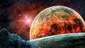 Space scene. Red nebula with planet in fire and big asteroid. El Royalty Free Stock Photo