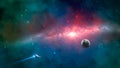 Space scene. Spaceship fly to earth planet with milky way in colorful nebula. Elements furnished by NASA. 3D rendering Royalty Free Stock Photo