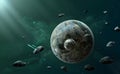 Space scene. Two planet between asteroids with dark green nebula Royalty Free Stock Photo