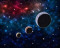 Space scenery with globe planets nebula dusts and clouds and glowing stars in universe background astrological celestial galaxy