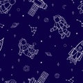 Cartoon flying astronauts and spaceships in outer space among the planets and stars. Seamless vector pattern.