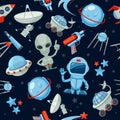 Space seamless background. Astronaut alien UFO ship