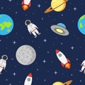 Space seamless background with astronaut, planet, rocket, moon and ufo. Cosmic pattern in flat style. Vector. Royalty Free Stock Photo