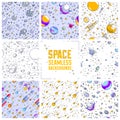 Space seamless background with rockets, planets, asteroids, comets, meteors and stars, undiscovered galaxy fantastic textile