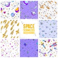 Space seamless background with rockets, planets, asteroids, comets, meteors and stars, undiscovered galaxy fantastic textile