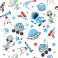 Space seamless pattern. Astronaut alien UFO ship