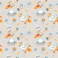 Space Seamless pattern with Astronaut, cosmonaut, Space rocket, Flying saucer UFO, Spaceship, alien, Unidentified flying